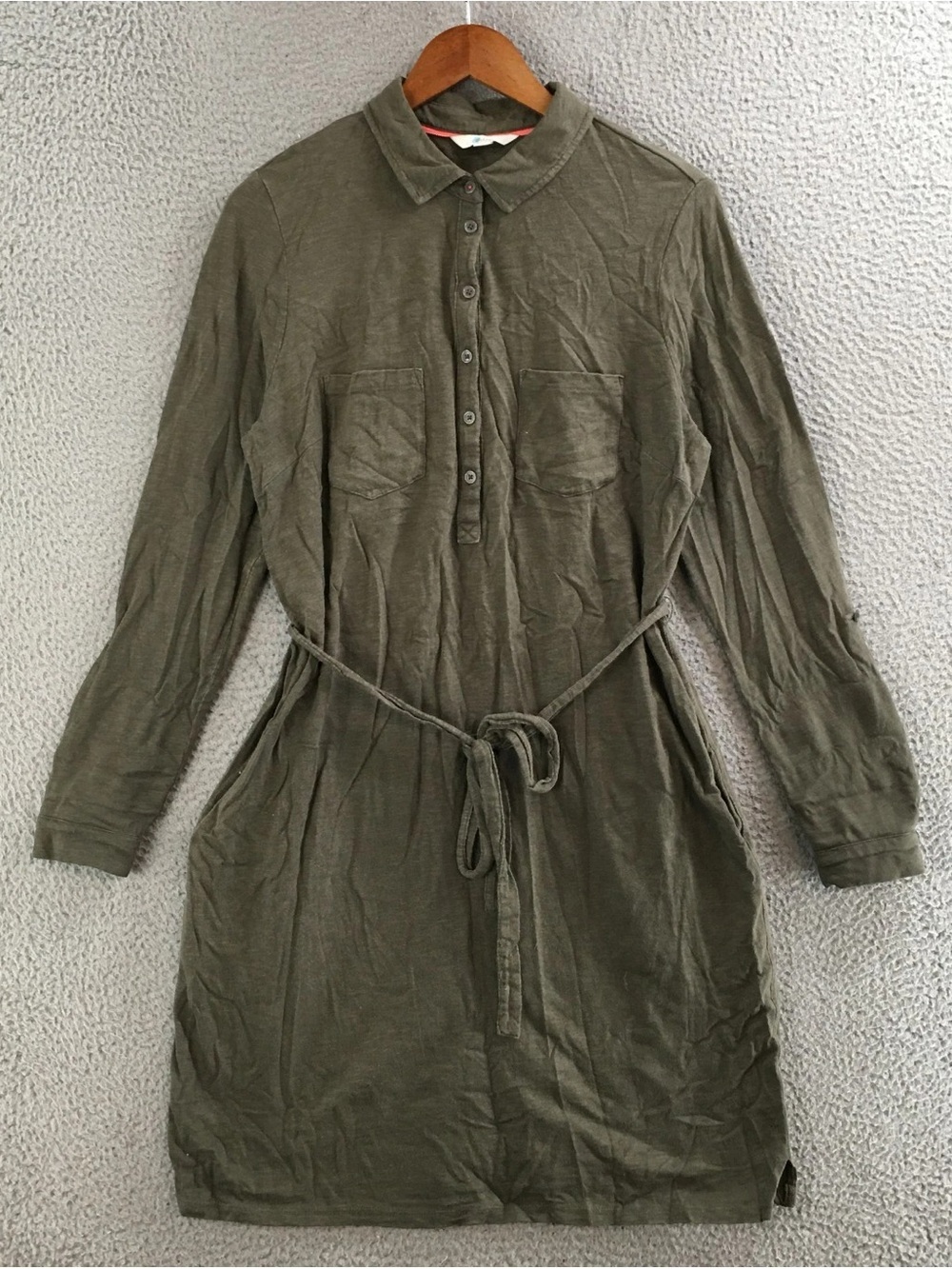 Boden Olive Green Button-Front Tie-Waist Mini Dress